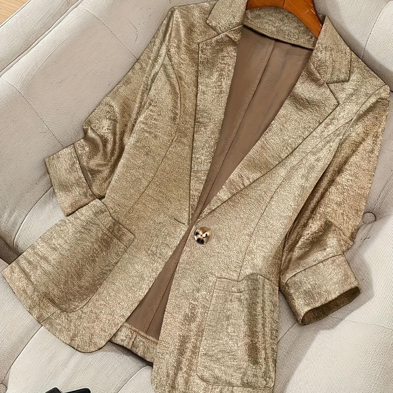 

Elegant Women's Golden Blazer - Chic European & , Polyester, -quarter Sleeve, Open Front With Decorative Button, Solid Color, Office & Social Events