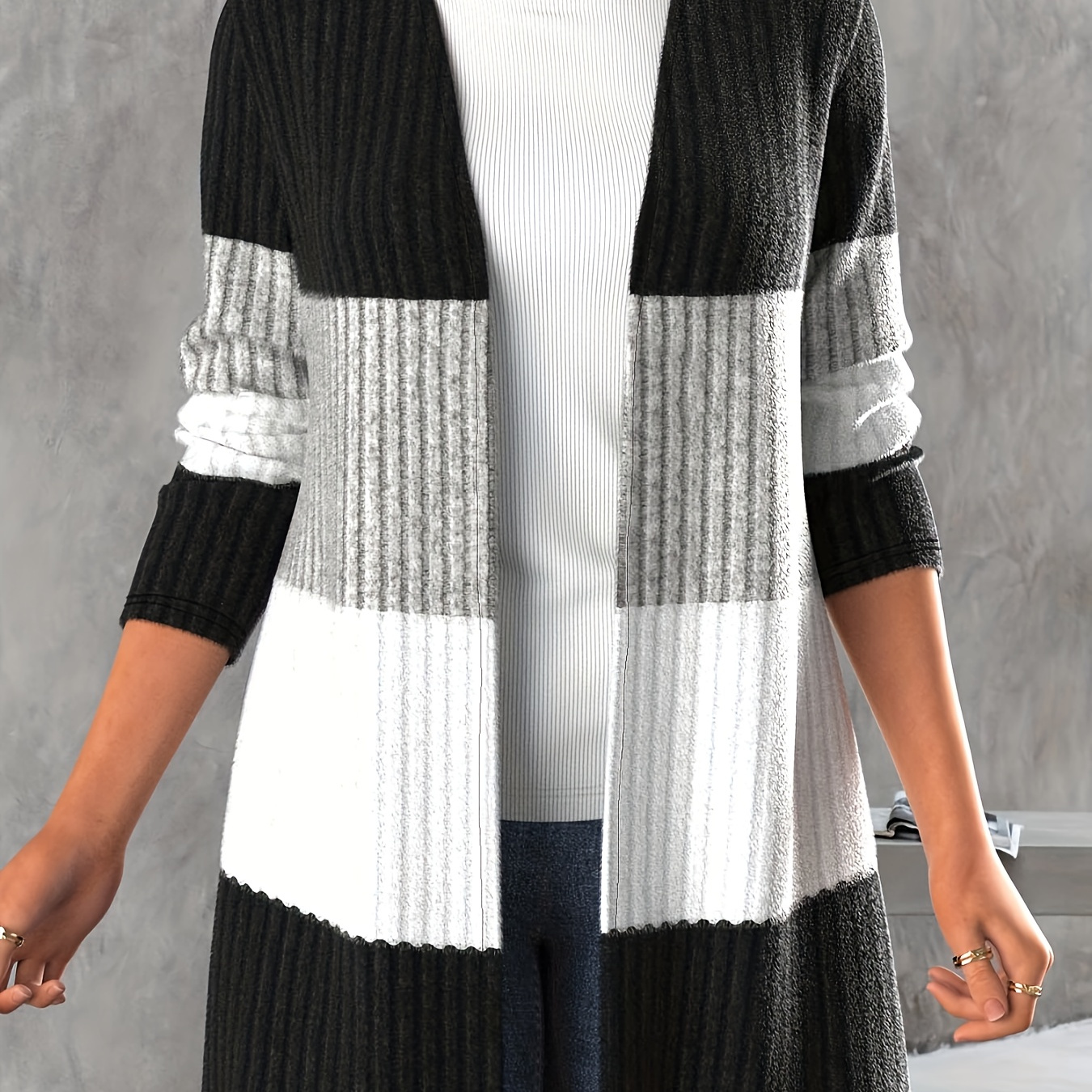 

Plus Size Colorblock Stripe Ribbed Cardigan, Casual Long Sleeve Open Front Cardigan, Women's Plus Size Clothing