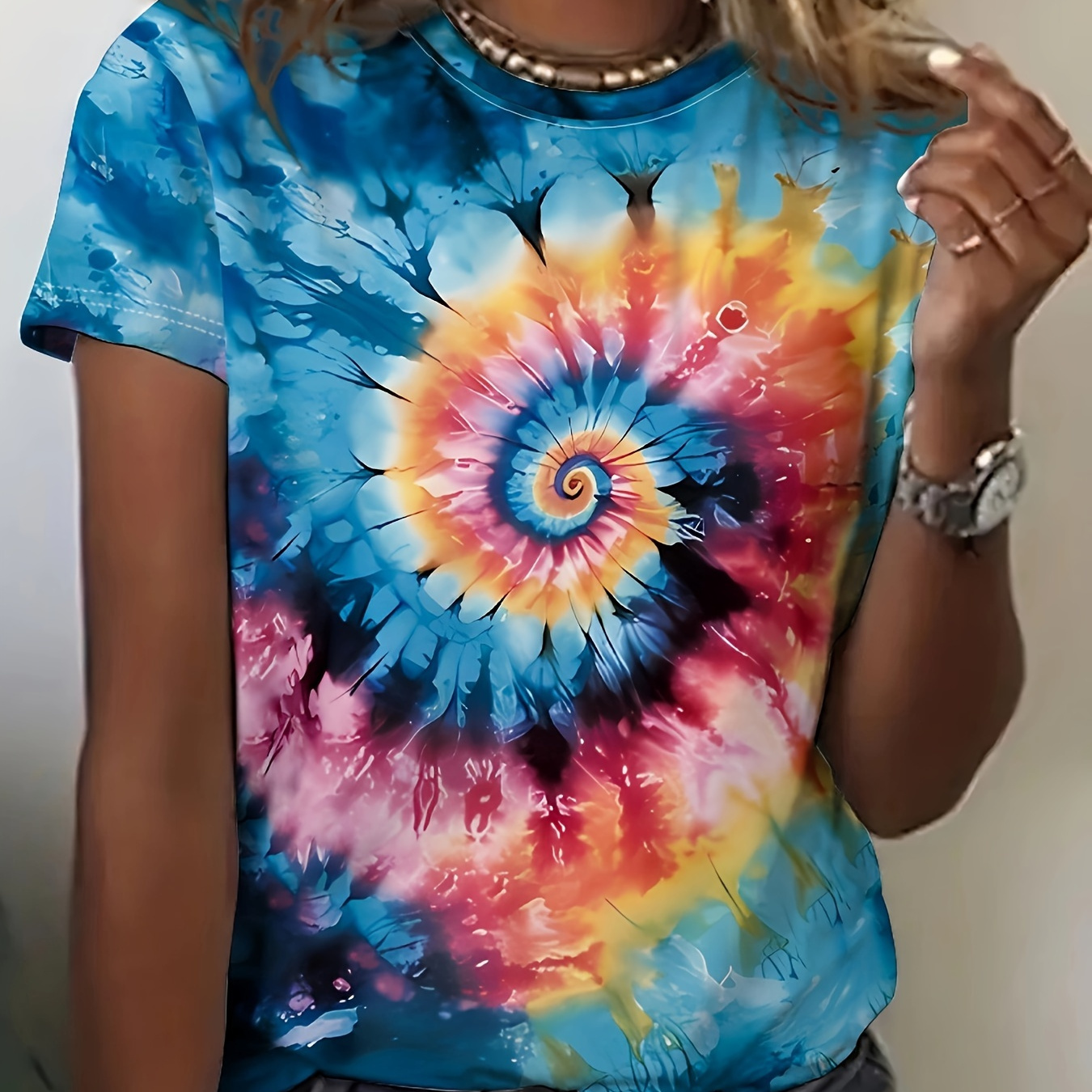 

Tie Dye Crew Neck T-shirt, Casual Short Sleeve Top For Spring & Summer, Women's Clothing