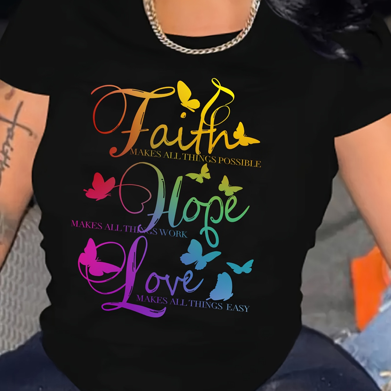 

Gradient Faith Love Print T-shirt, Crew Neck Short Sleeve T-shirt, Casual Sport Tops, Women's Clothing