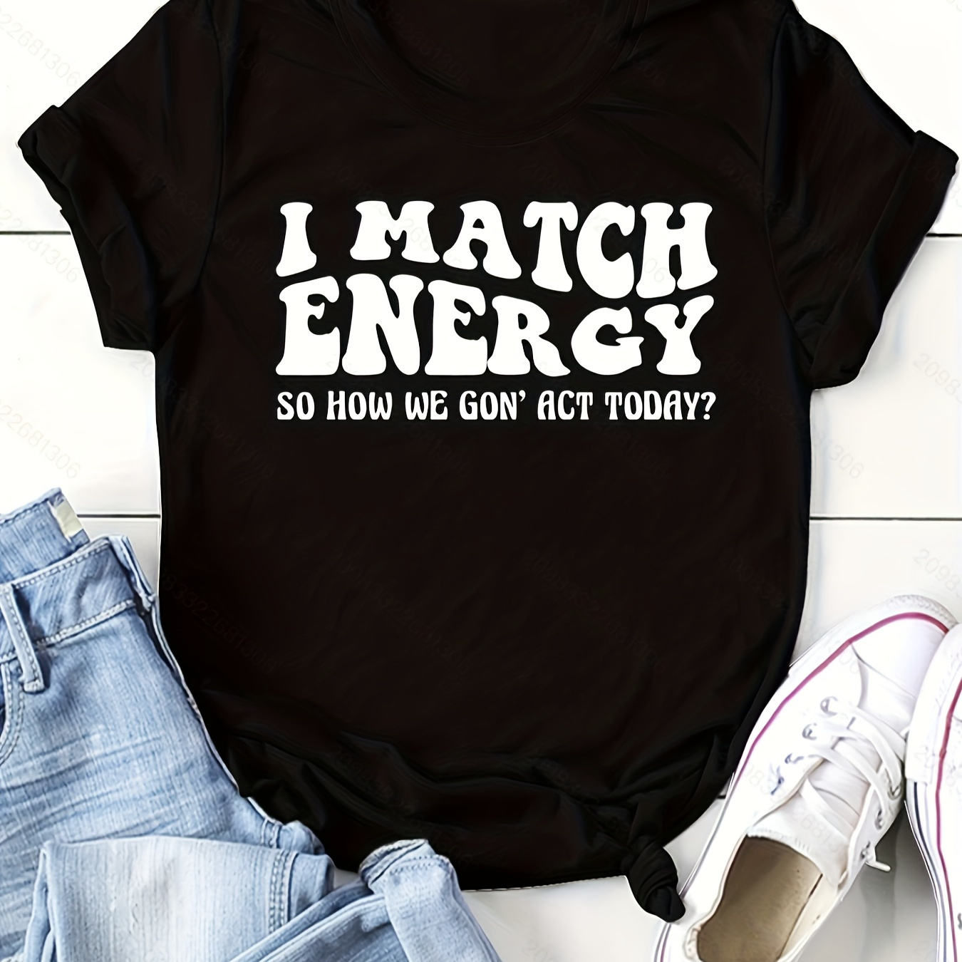 

I Match Energy Print T-shirt, Casual Crew Neck Short Sleeve T-shirt For Spring & Summer, Women's Clothing