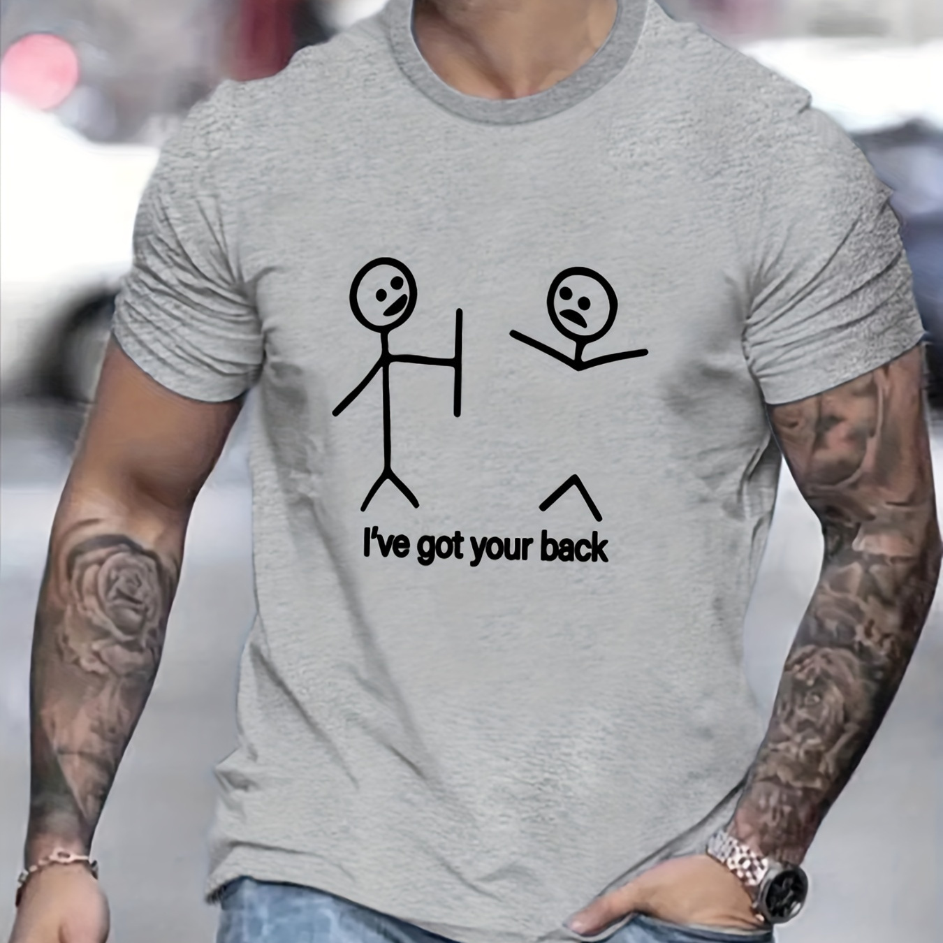 

I've Got Your Back And Anime Matchstick Figures Graphic Print, Men's Novel Graphic Design T-shirt, Casual Comfy Tees For Summer, Men's Clothing Tops For Daily Activities