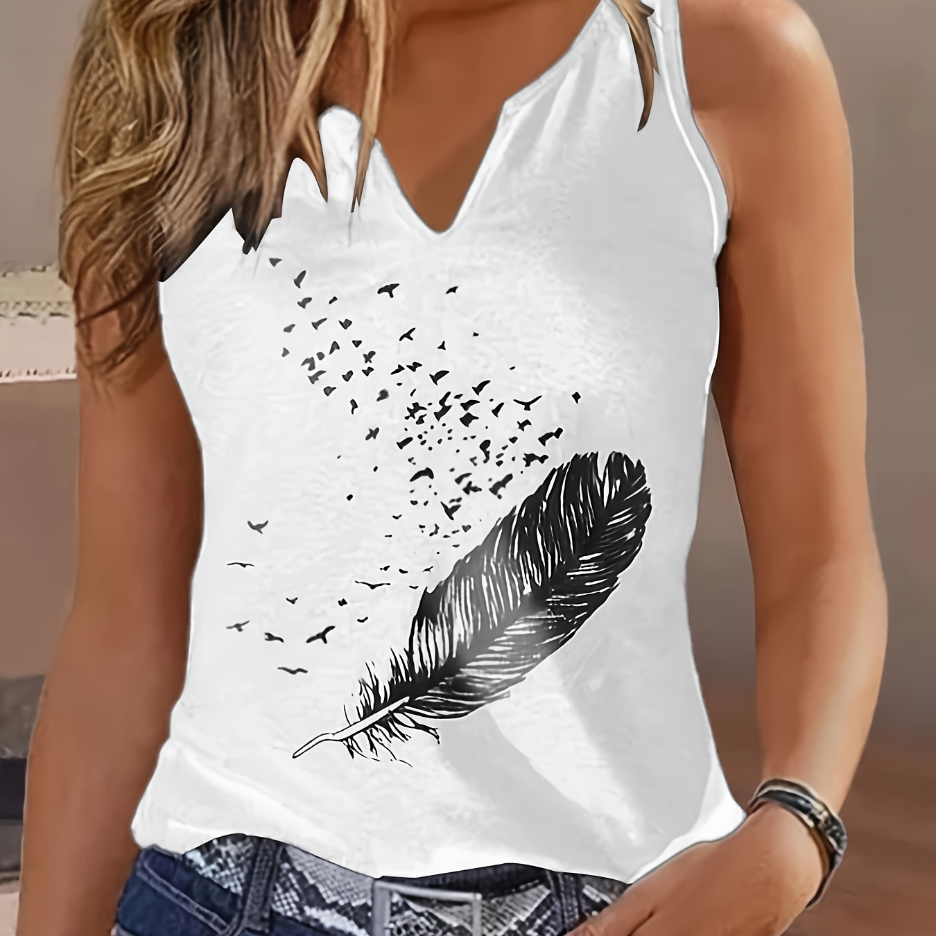 

Feather Print Notched Neck Tank Top, Casual Sleeveless Top For Spring & Summer, Women's Clothing