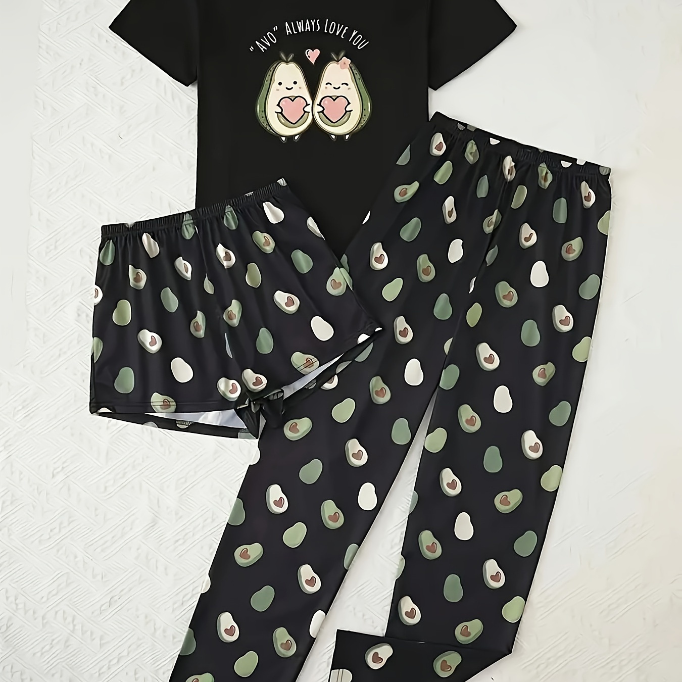 

Avocado Cartoon Print Women's 3pcs Set, Casual And Autumn/winter Women's Pajama Set