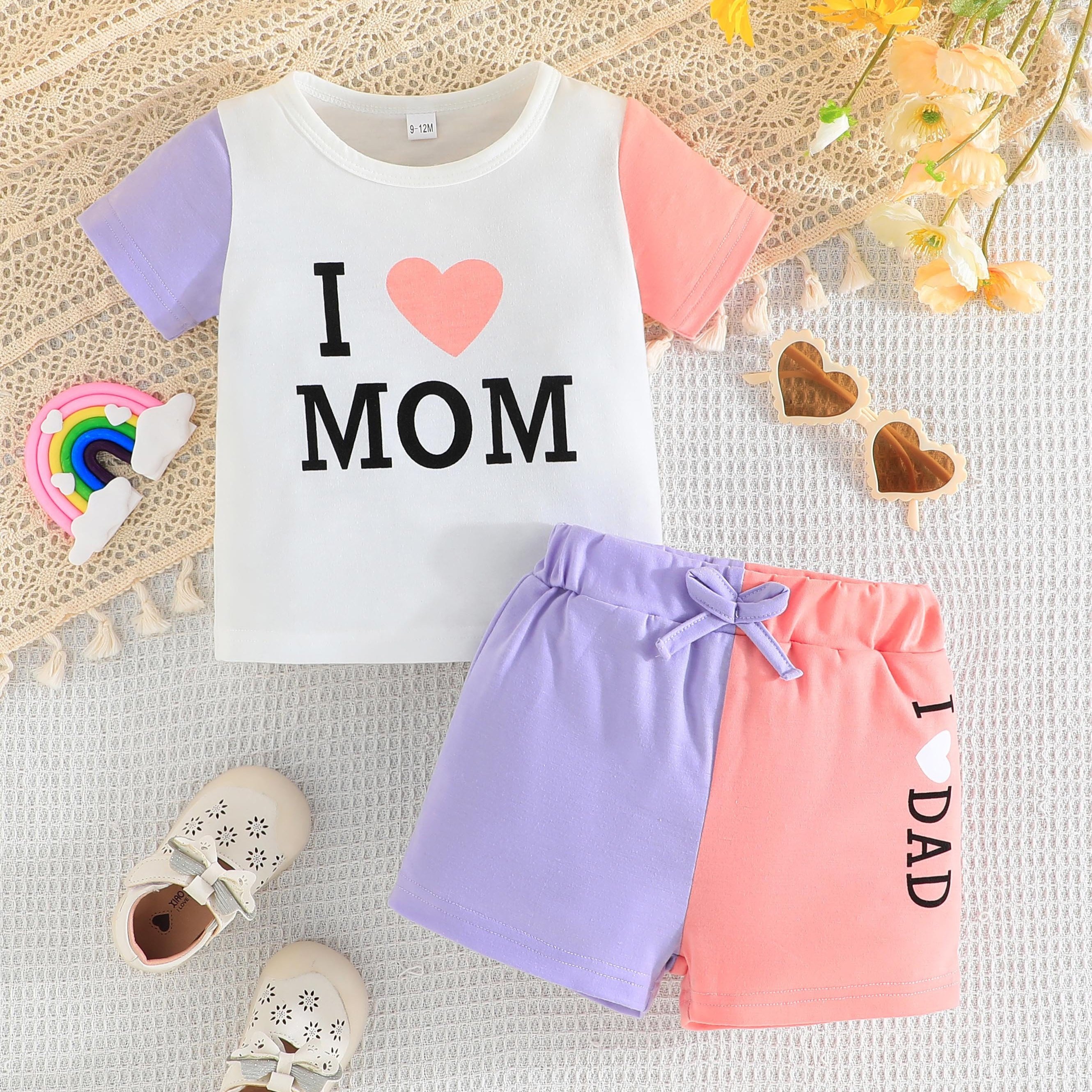 

Baby's "i Love Mom" Print 2pcs Color Clash Outfit, T-shirt & Shorts Set, Toddler & Infant Girl's Clothes For Summer