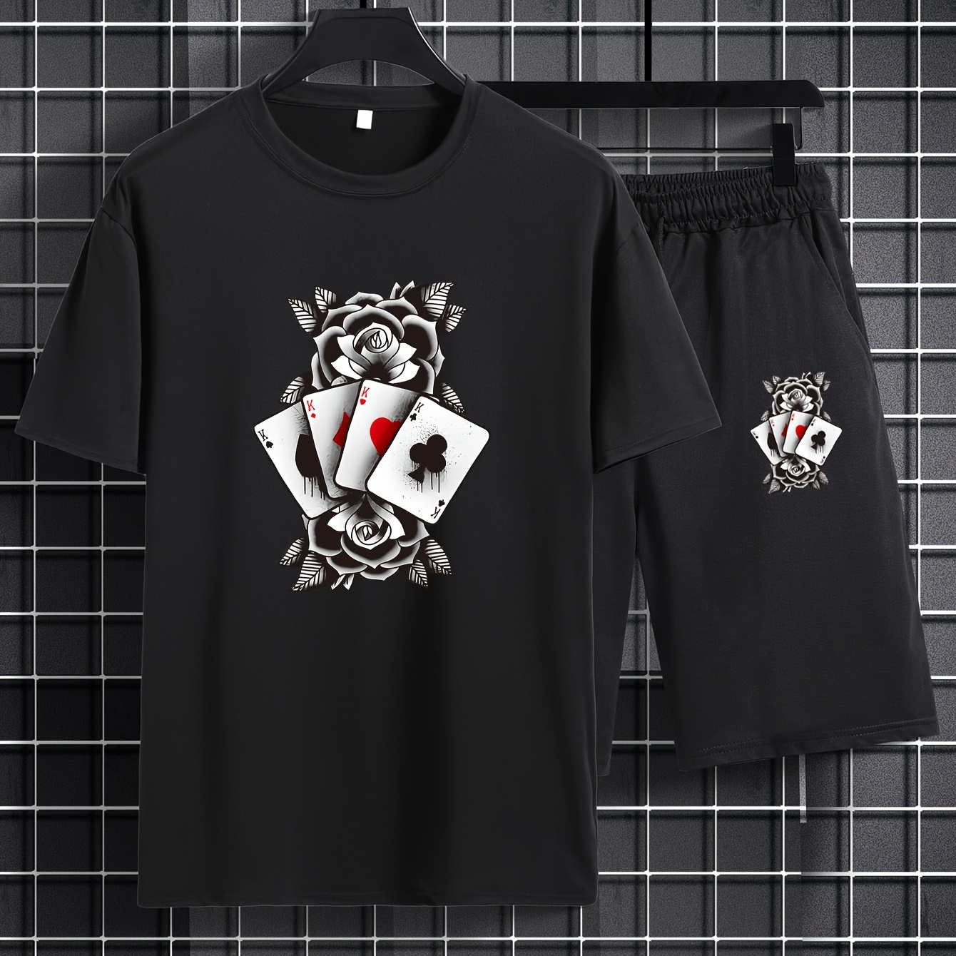 

Poker And Rose Flower Print, Mens 2 Piece Outfits, Comfy Short Sleeve T-shirt And Casual Drawstring Shorts Set For Summer, Men's Clothing