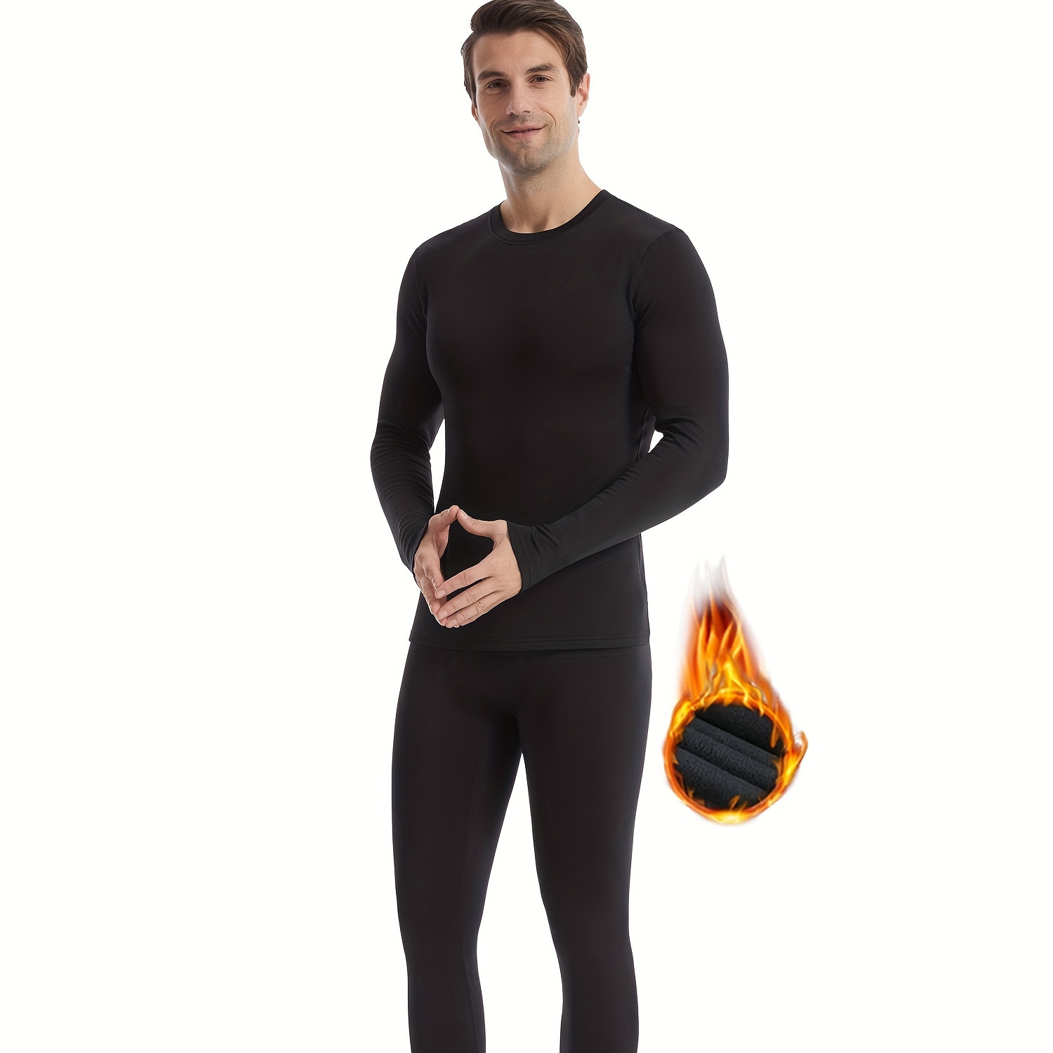 

2pcs Sports Set, Men's Fleece Warm Sports Top & Mid Stretch Leggings Set For Outdoor Fitness