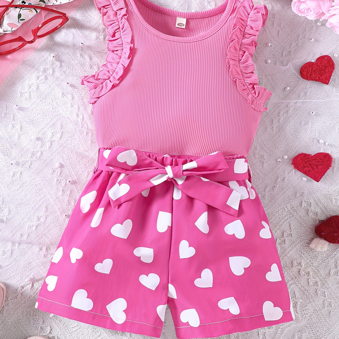 

Sweetheart Girl's 2pcs Frill Sleeveless T-shirt Top & Hearts Full Print Shorts Set, Casual Two-piece Summer Clothes
