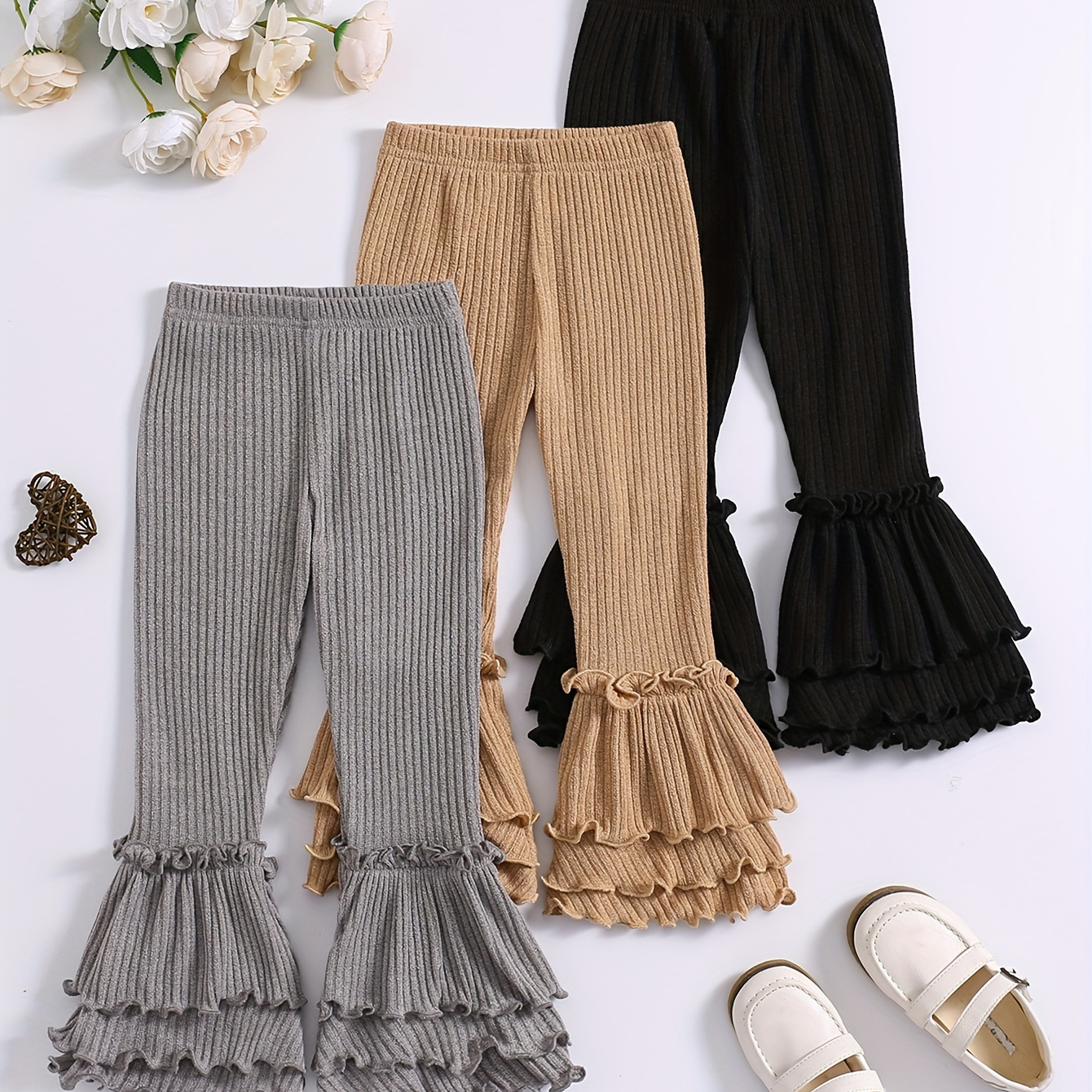 

3pcs Girls Spring New Style Trousers, Sweet Flared Legs Ruffled Pants