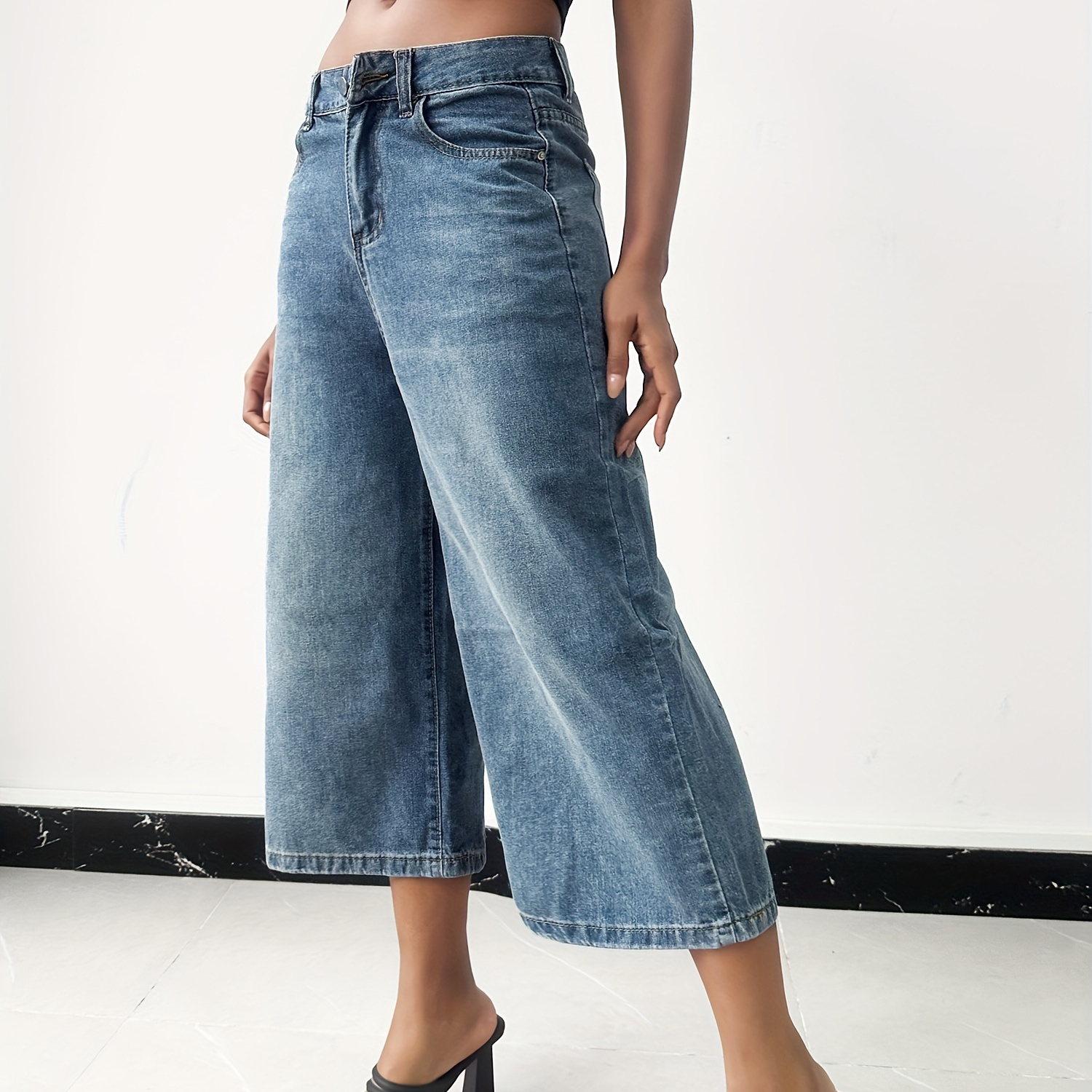 

Loose Fit Capri Wide Leg Plain Washed Blue Casual Style Zipper Button Closure Denim Pants, Women's Denim Jeans & Clothing