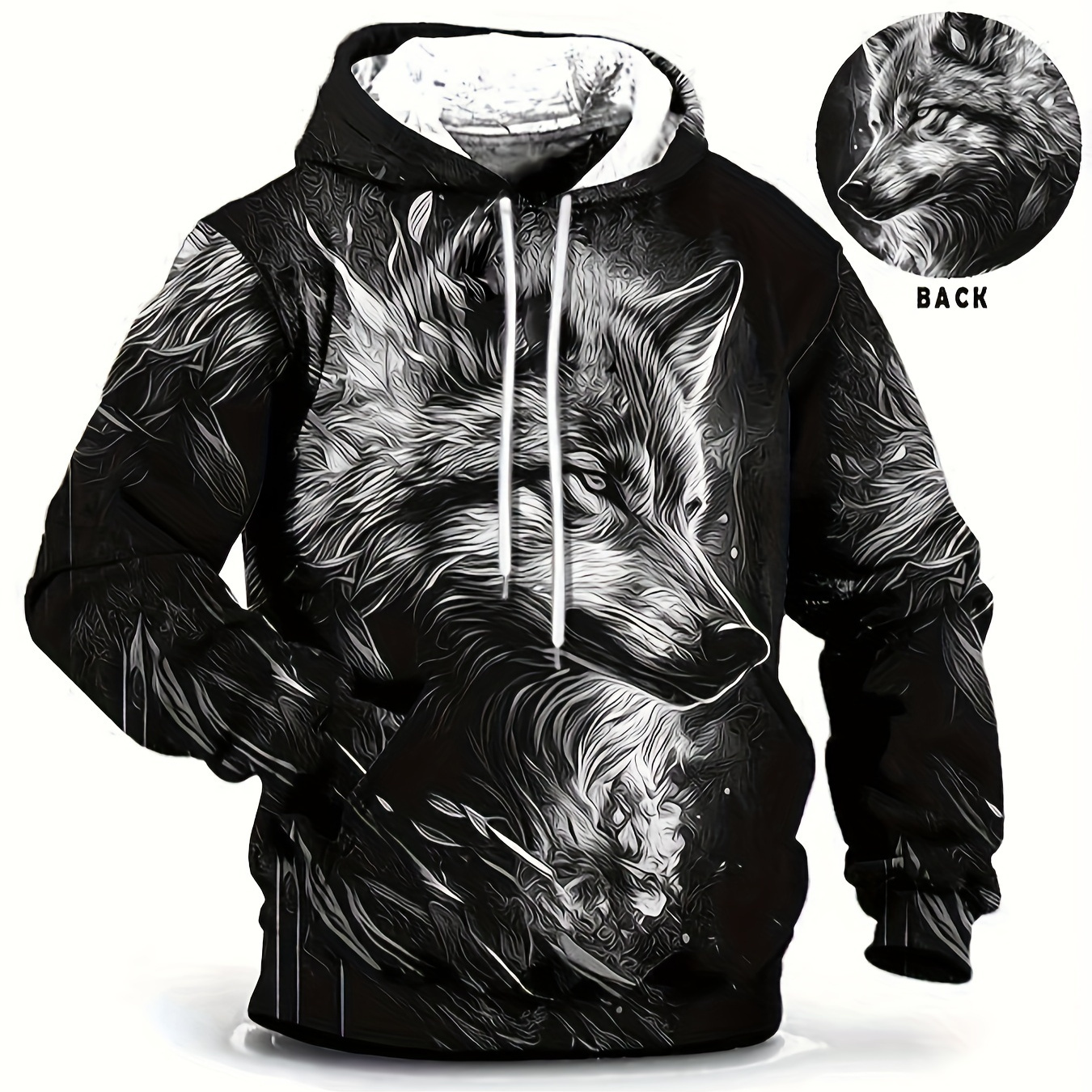 

Wolf Pattern Print Hoodie, Cool Hoodies For Men, Men's Casual Graphic Design Hooded Sweatshirt Streetwear For Winter Fall, As Gifts