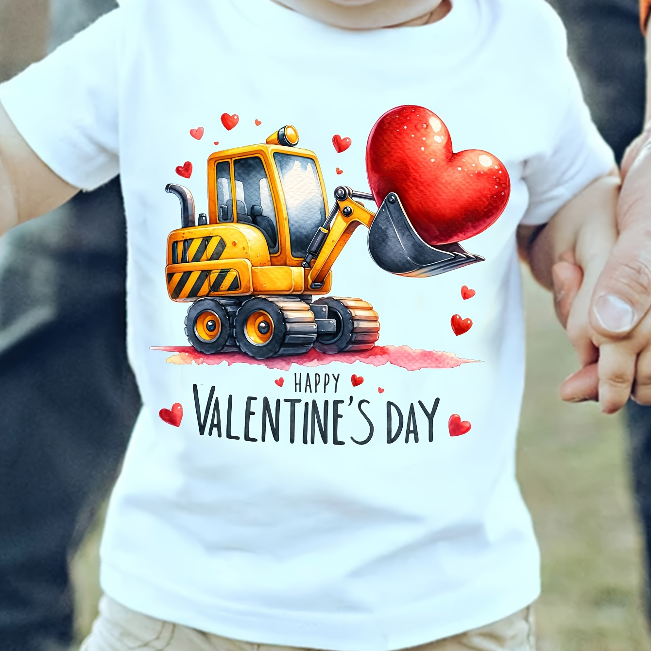 

1pc Valentine's Day Excavator & Heart Print T-shirt For Boys, Casual Crew Neck Polyester Top, Regular Fit With Slight Stretch, Knit Fabric Tee