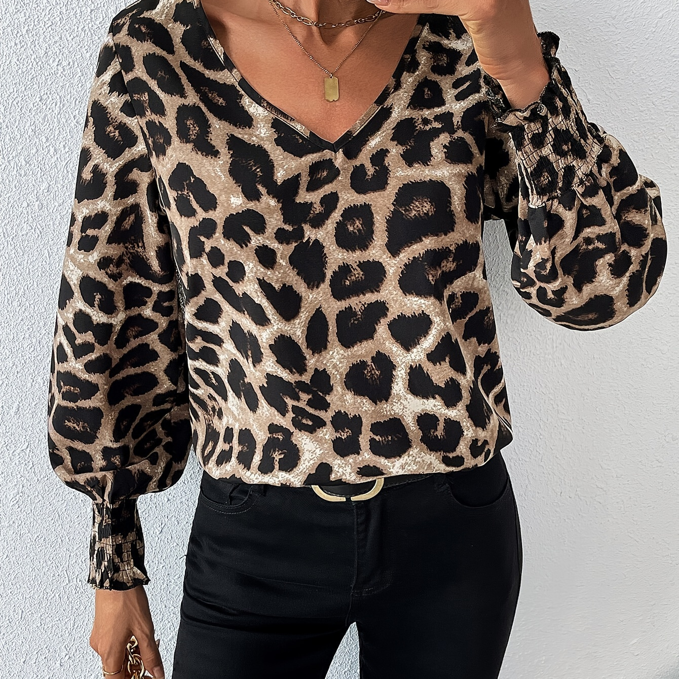 

Elegant Leopard Print V-neck Long Sleeve Blouse, Polyester, Machine Washable - Spring/autumn, Leopard Print Blouse