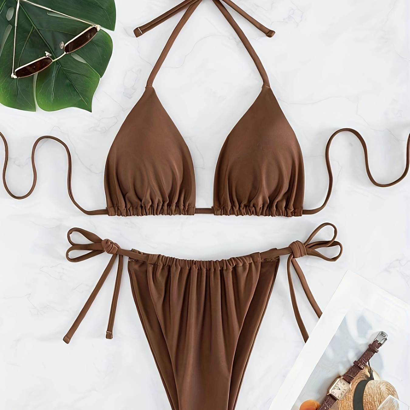 

Ensemble Bikini 2 Pièces À Triangle Uni, Haut À Nouer Autour Du Cou Et Dos Nu, Bas À Nouer Sur Les Côtés, Maillots De Bain Pour Femmes Et Vêtements De Plage