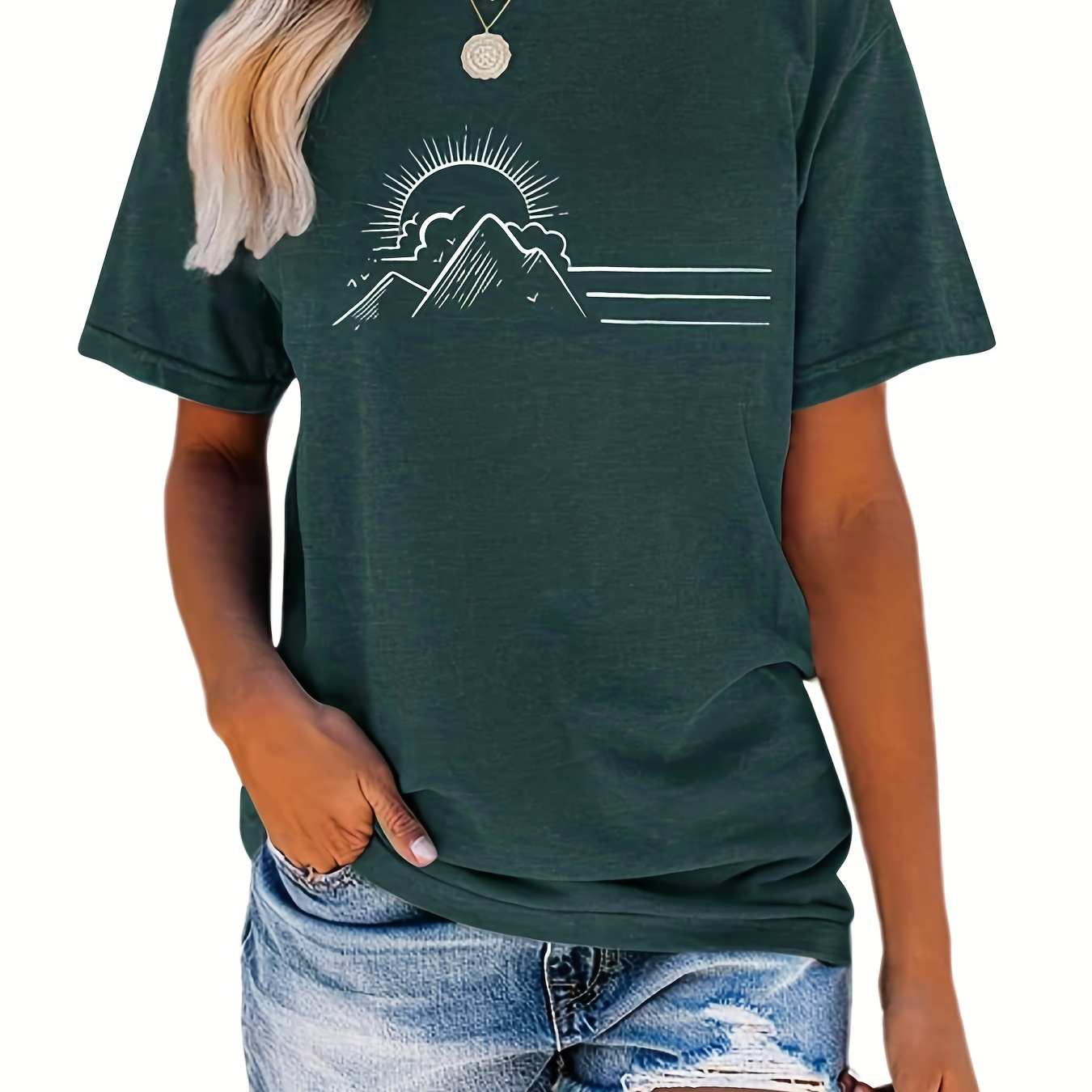 

Sun & Mountain Print T-shirt, Short Sleeve Crew Neck Casual Top For Summer & Spring, Women's Clothing
