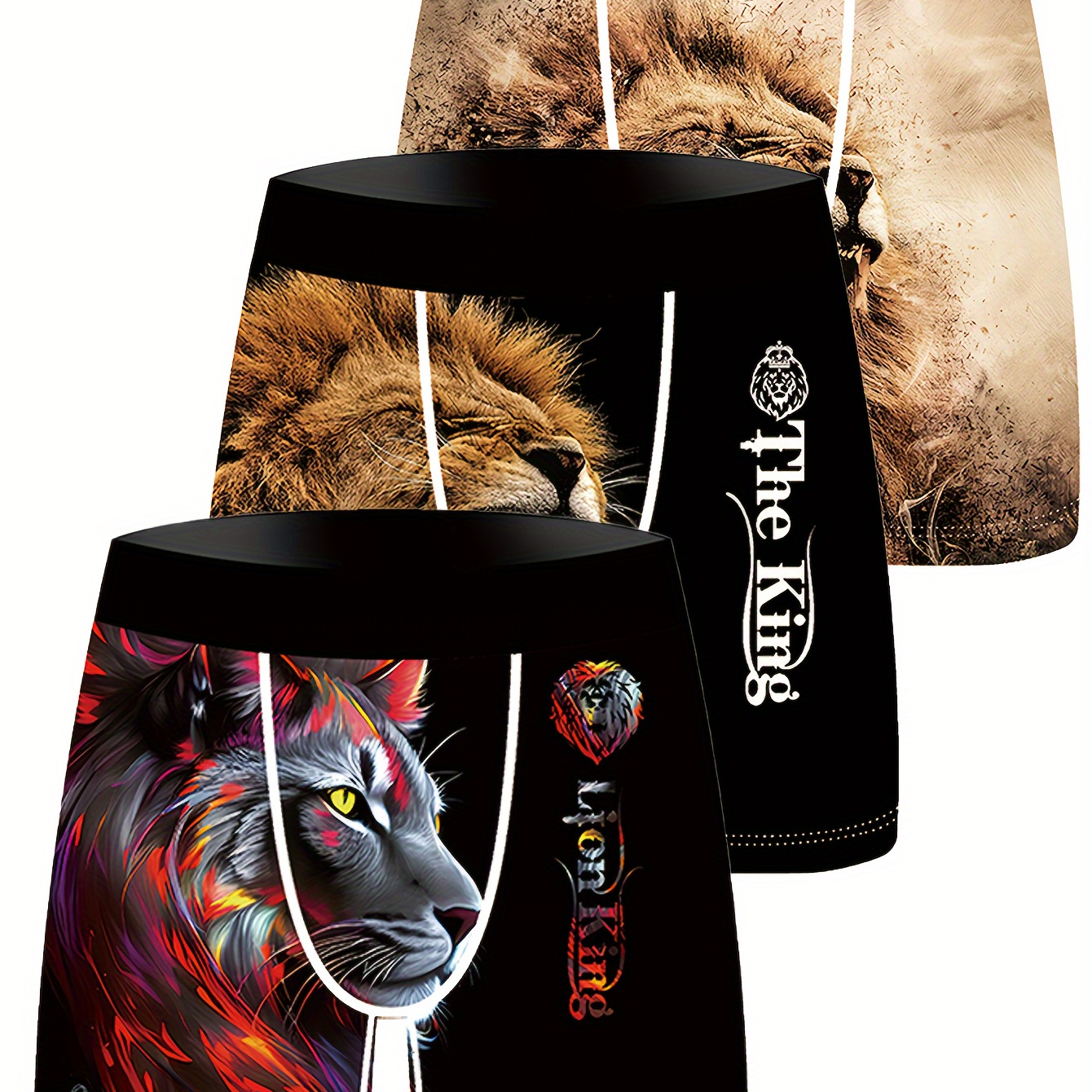 

3pcs Boxers pour Hommes avec Imprimé Numérique Lion Doré - Sous-vêtements en de Polyester Extensible et Respirant avec Taille Élastique, et Designs Intricats pour un Confort