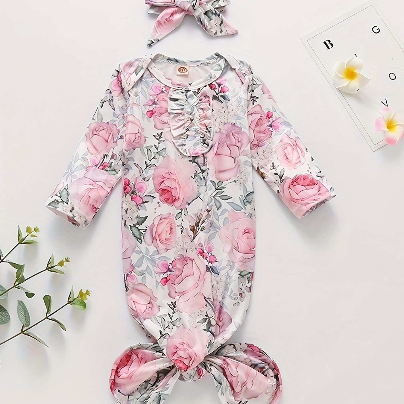 

Newborn's Flower Pattern Comfy Cotton Knotted Onesie, Baby Shower Gift For Infant Girls