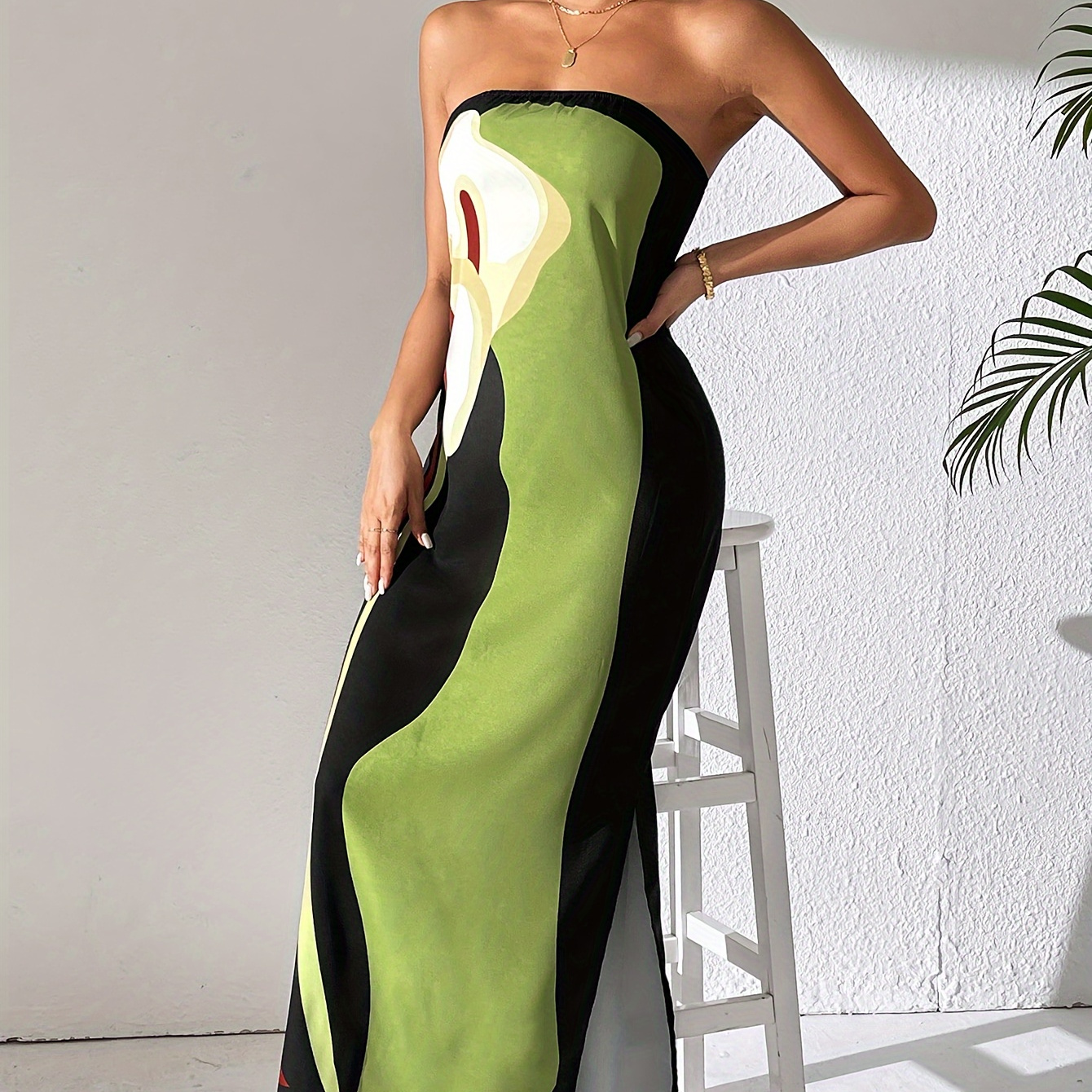 

Avocado Print Tube Dress, Elegant Strapless Slit Dress For , Women's Clothing