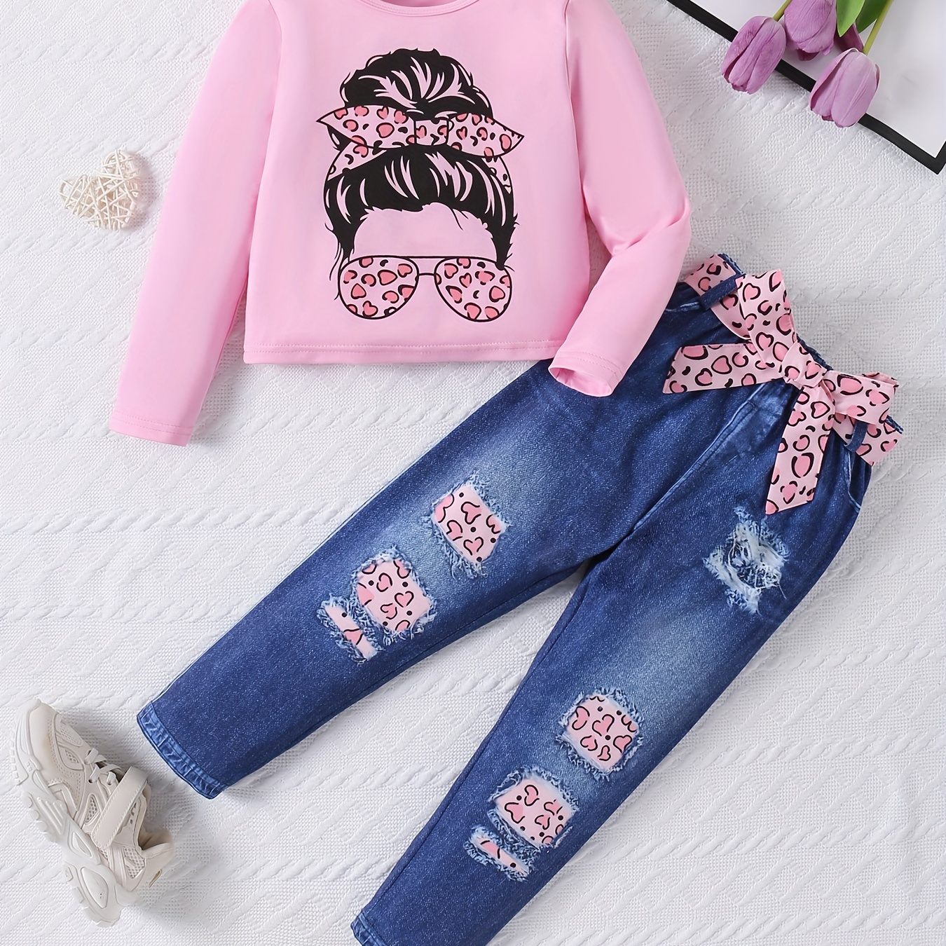 

Leopard Print 2pcs Outfits Girls Solid Pullover + Imitation Denim Printed Pants Set