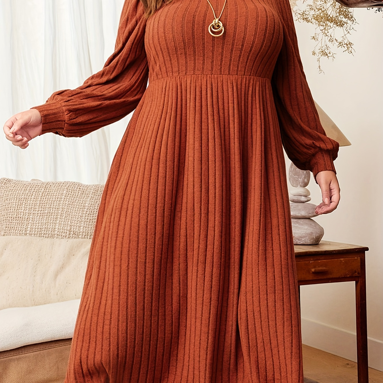 

Plus Size Ribbed Solid Color Dress, Elegant Lantern Sleeve Crew Neck Dress For Spring & Fall, Women's Plus Size Clothing