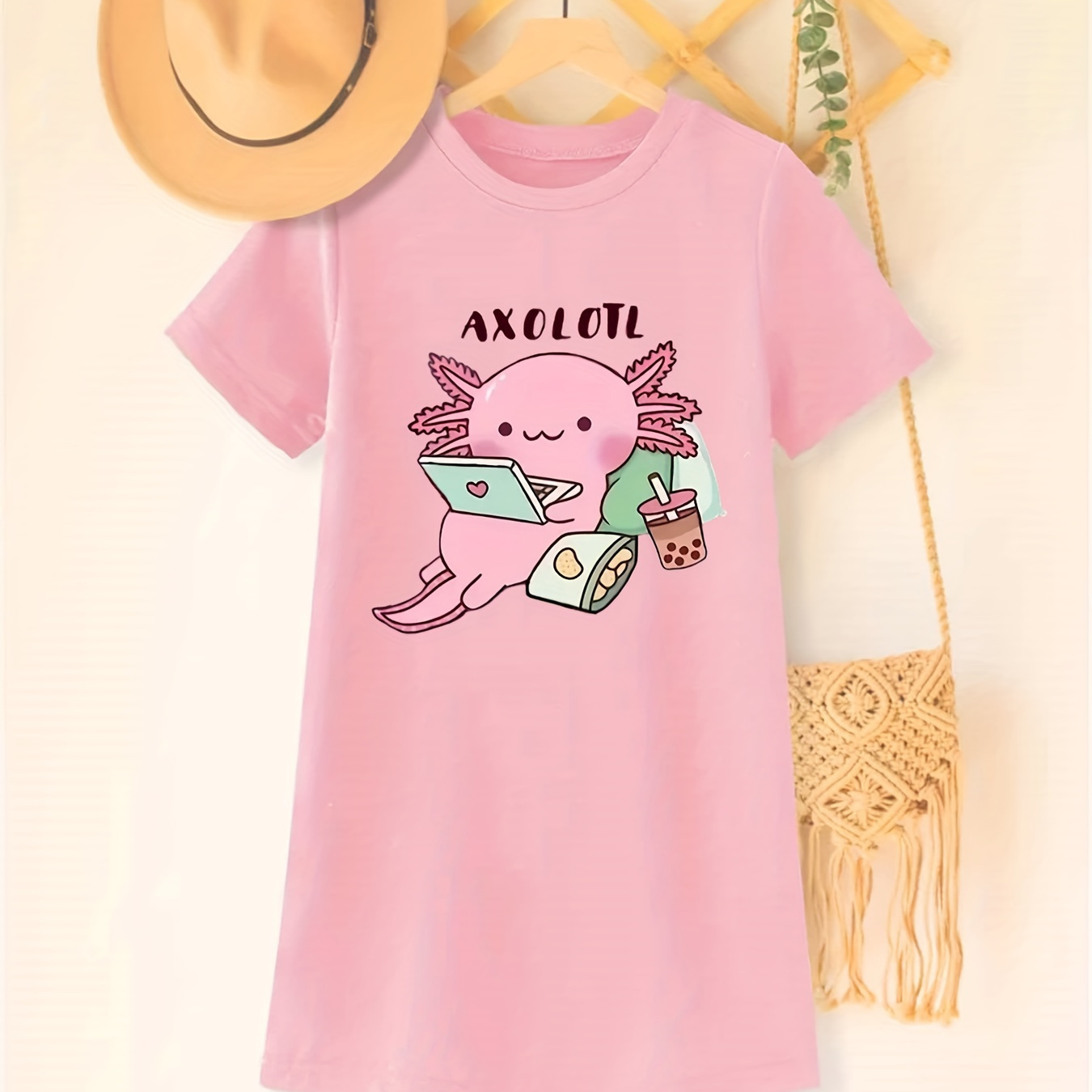 

Girls' Casual T-shirt Dress With Cartoon Axolotl Graphic, Cute Crew Neck Fashion Comfortable Spring/summer Dress, Perfect Gift For Girls - Adorable Style