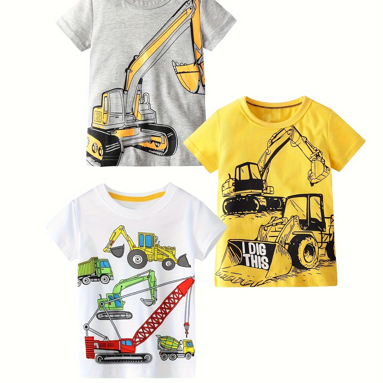 

Boys Summer Top T-shirt Short Sleeved Cotton Casual Round Neck Children's Day Cartoon Car Pattern Random Print T-shirt Set Of 3 2-7y