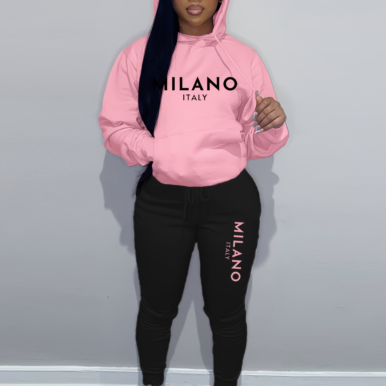 

Women' Hoodie And Joggers Set, S5999m52, Pink With " Italy" Print, Cozy Polyester , Stretchy Knit, Casual Sports Outfit For All