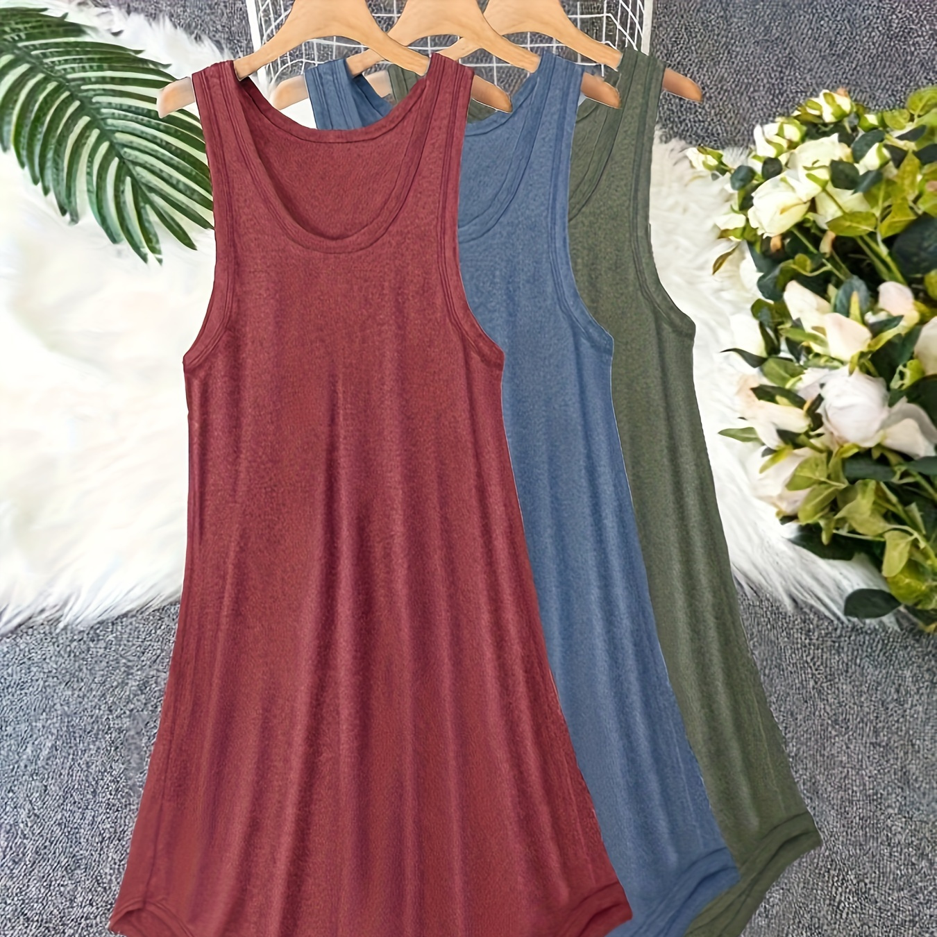 

3 Size Basic Lounge Dress Set, Women's Plus Solid Round Neck Plain Sleep Dress 3 Piece Set