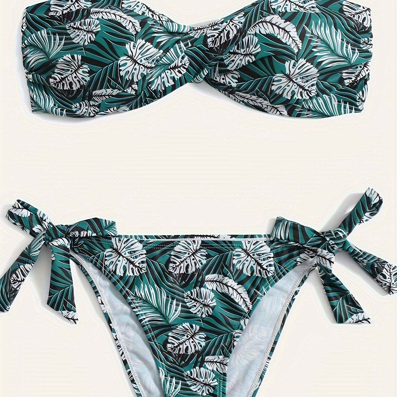 

Women's Two-piece Bikini Set, Tropical Print, Tube Top With Matching Side Tie Bottoms, Summer Beachwear, Swimwear
