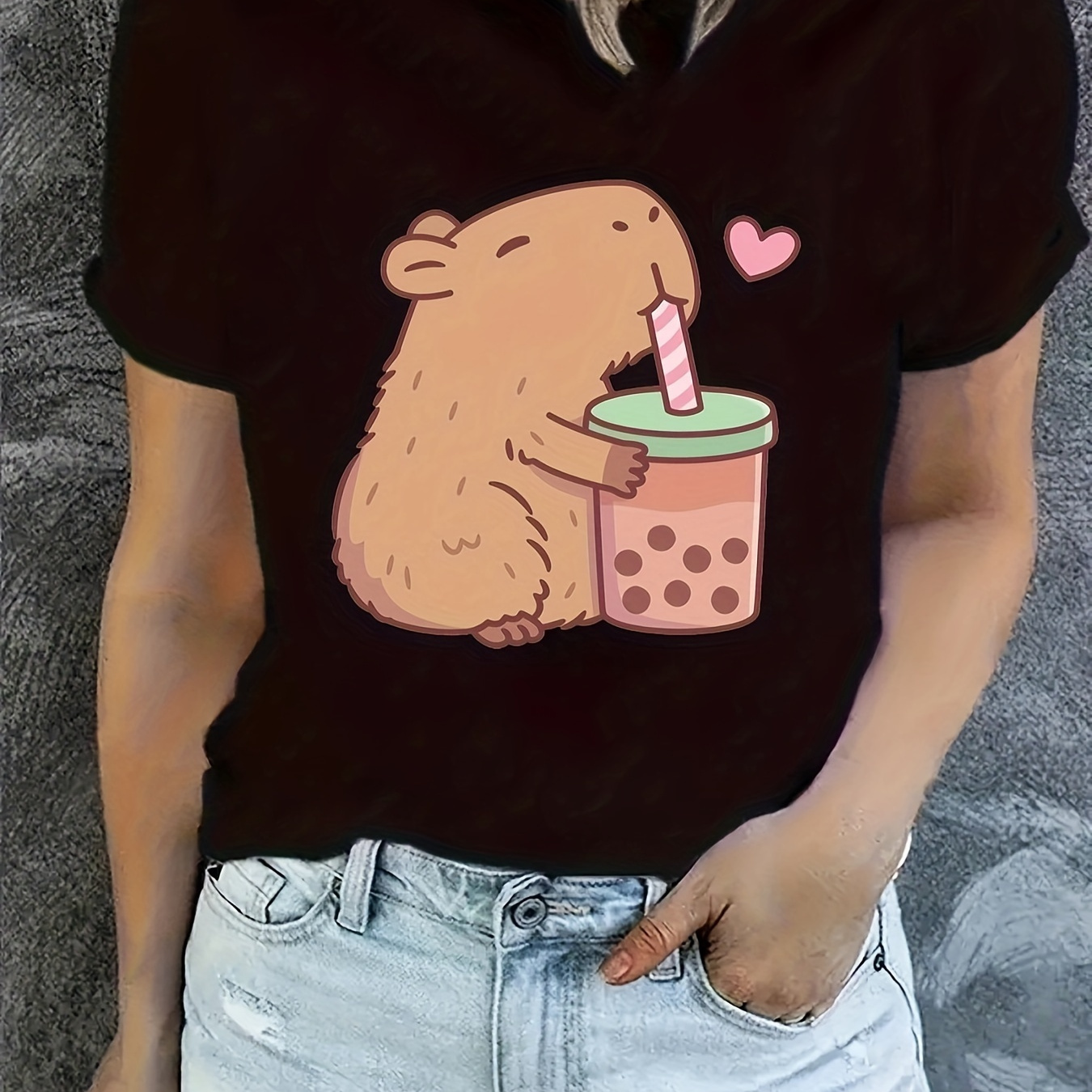 

Capybara Tea" Women's T-shirt - Casual Black Short Sleeve With Animal Print, Breathable Polyester, Machine Washable