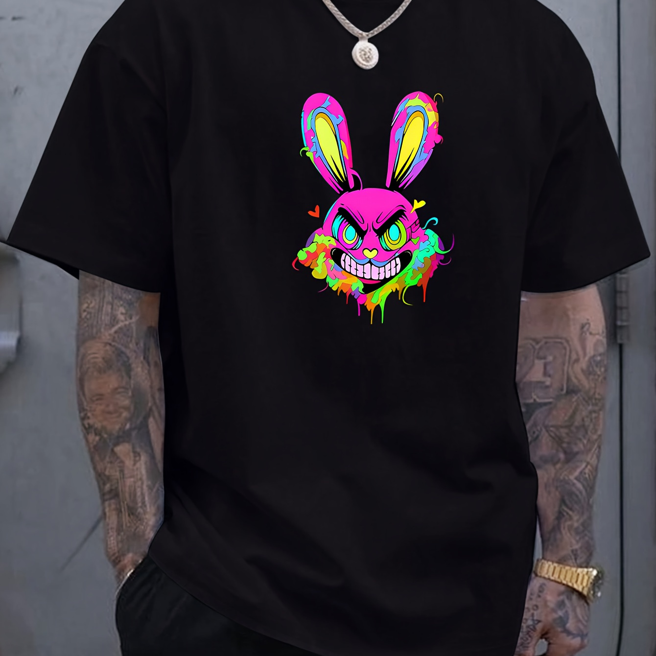 

Funny Cartoon Rabbit Print Men's New Round Crew Neck Short Sleeve Tee, Fashion T-shirt, Comfy Breathable Casual Sports Top For Spring Summer Holiday Leisure Vacation