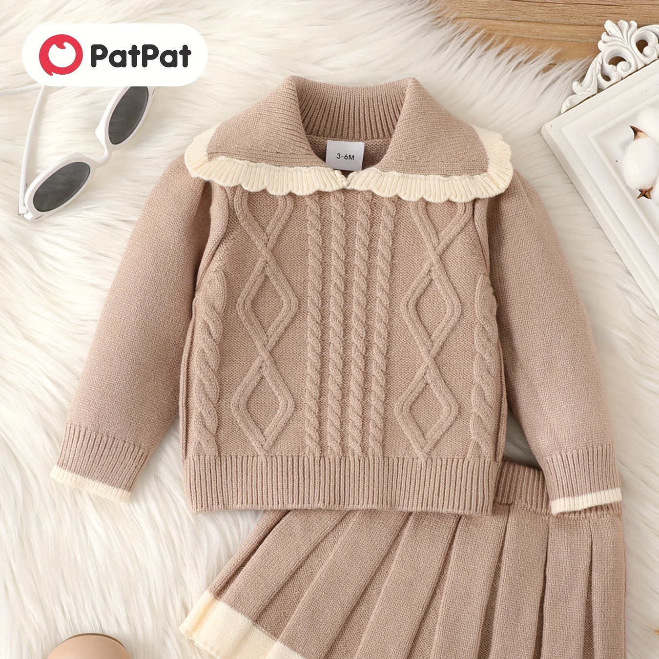 

Patpat 2pcs Baby Girl Sweet Solid Color Sweater Set Stand Collar Pullover & Pleated Skirt Matching Outfit