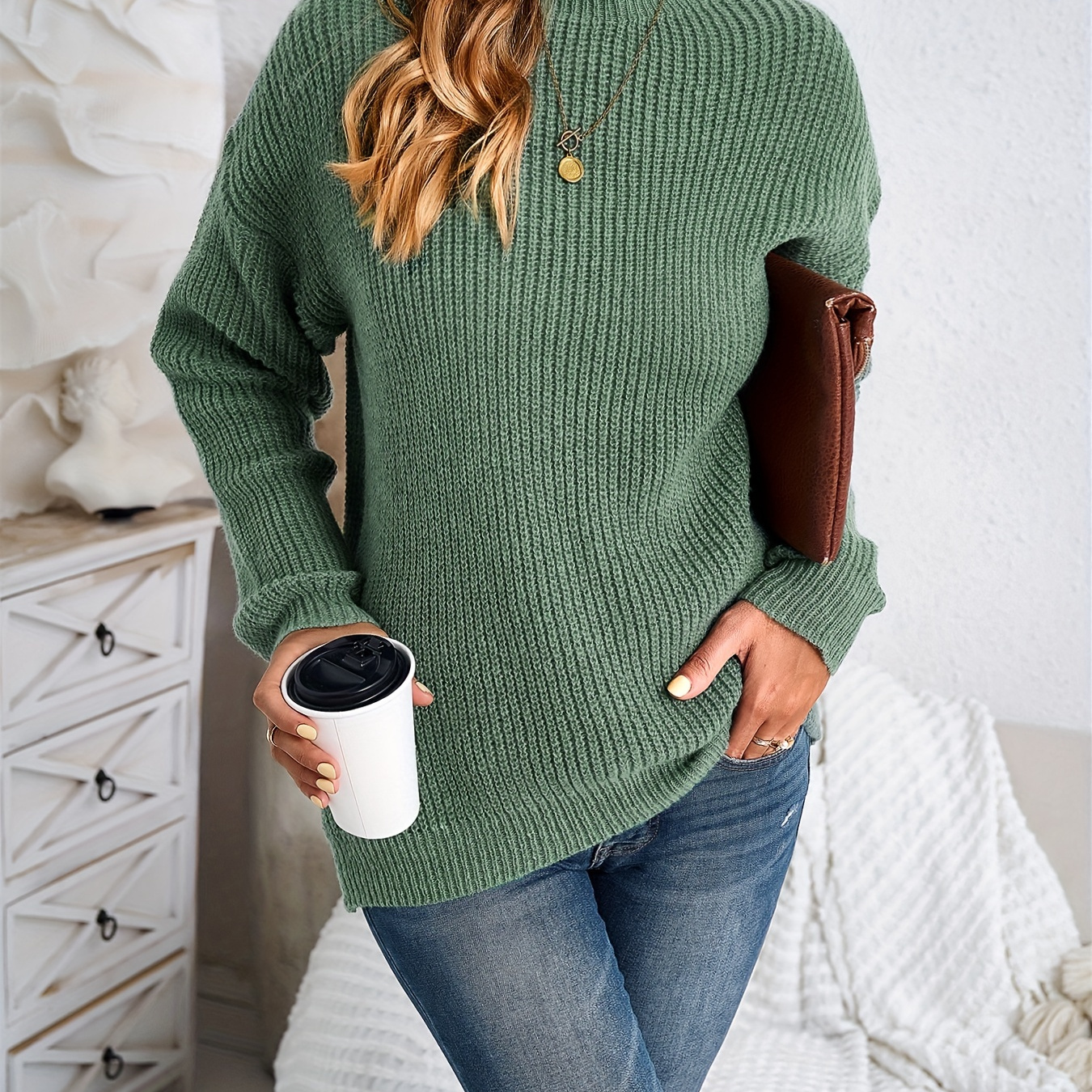 

Solid Crew Neck Rib Knit Sweater, Casual Long Sleeve Loose Sweater, Women's Clothing