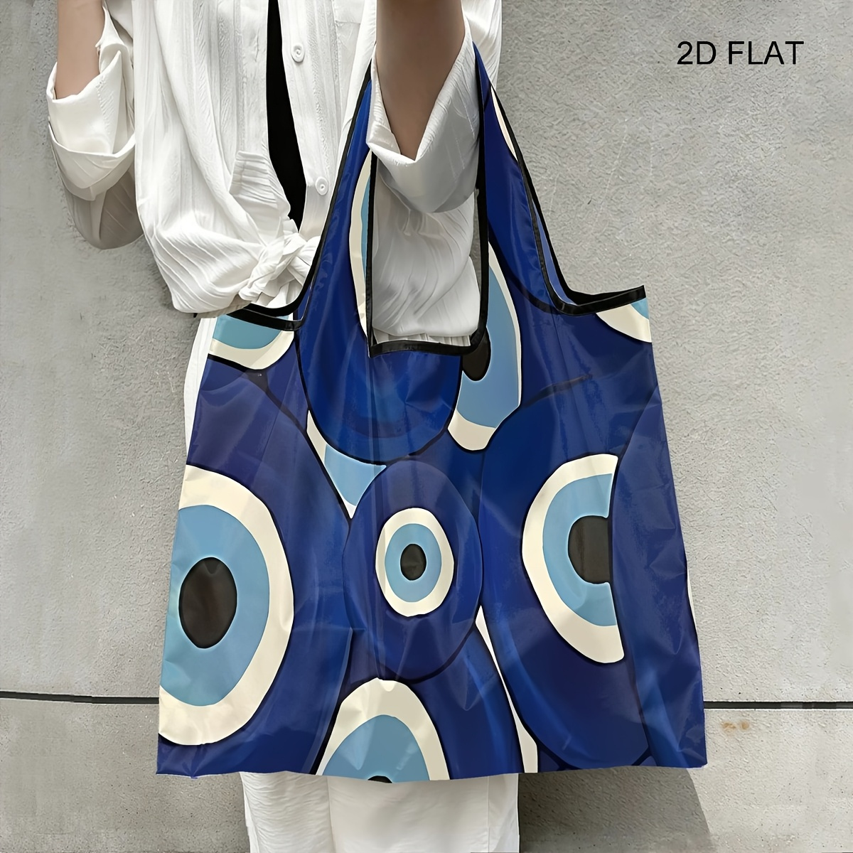 TEMU 1pc Blue Evil Eye Print Pattern Theme, Reusable Foldable Shopping Tote, Lightweight Easy Carry Bag, Compact Storage Bag For Daily Grocery And