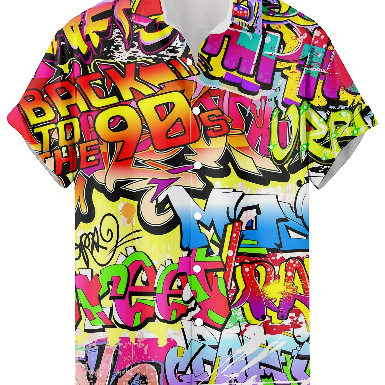 

Retro 'back To The 90s' Men's Hawaiian Shirt - Vibrant Graffiti-style 3d Print, Casual Hip-hop Rock Streetwear, Short Sleeve, Polyester & Spandex , Button-up With Chest Pocket