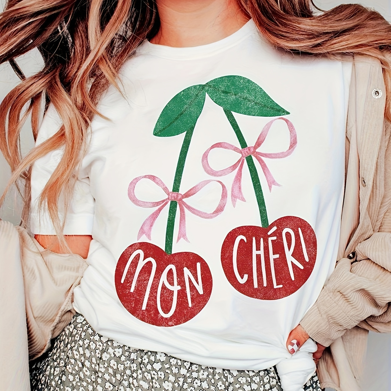

Cherry Print T-shirt, Casual Short Sleeve Crew Neck Top For Spring & Summer, Women's Clothing