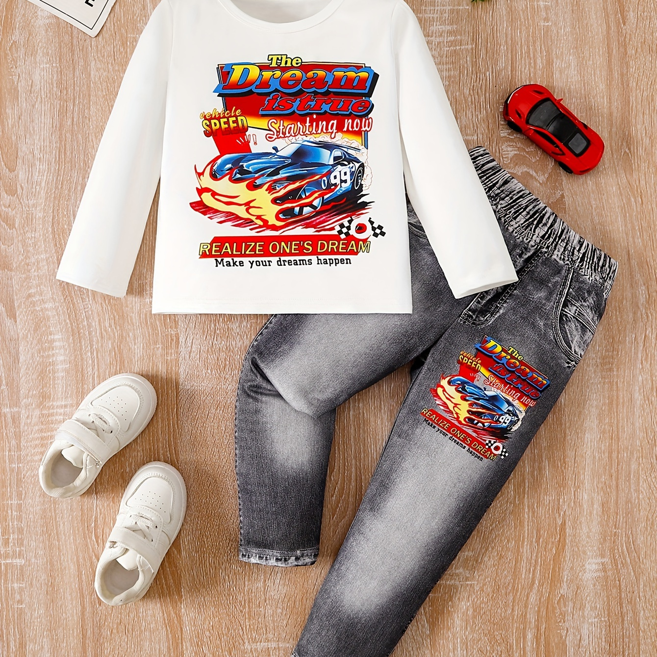 

Casual Long Sleeve Top & Long Pants Set, Race Car Pattern, 2-piece Boys Co Ord Set For Spring Fall