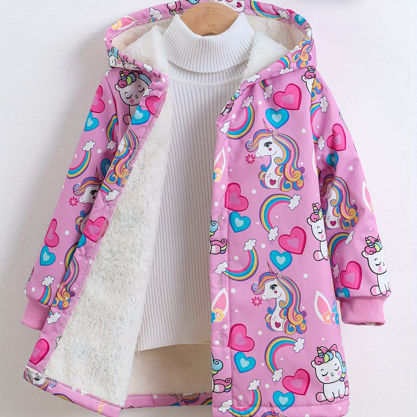 

Manteau d'hiver chaud à capuche avec fermeture à boutons, imprimé licorne et cœur, doublé de fleece, coupe régulière pour enfants de 12 ans et moins - Tissu tissé, non extensible, motif animal