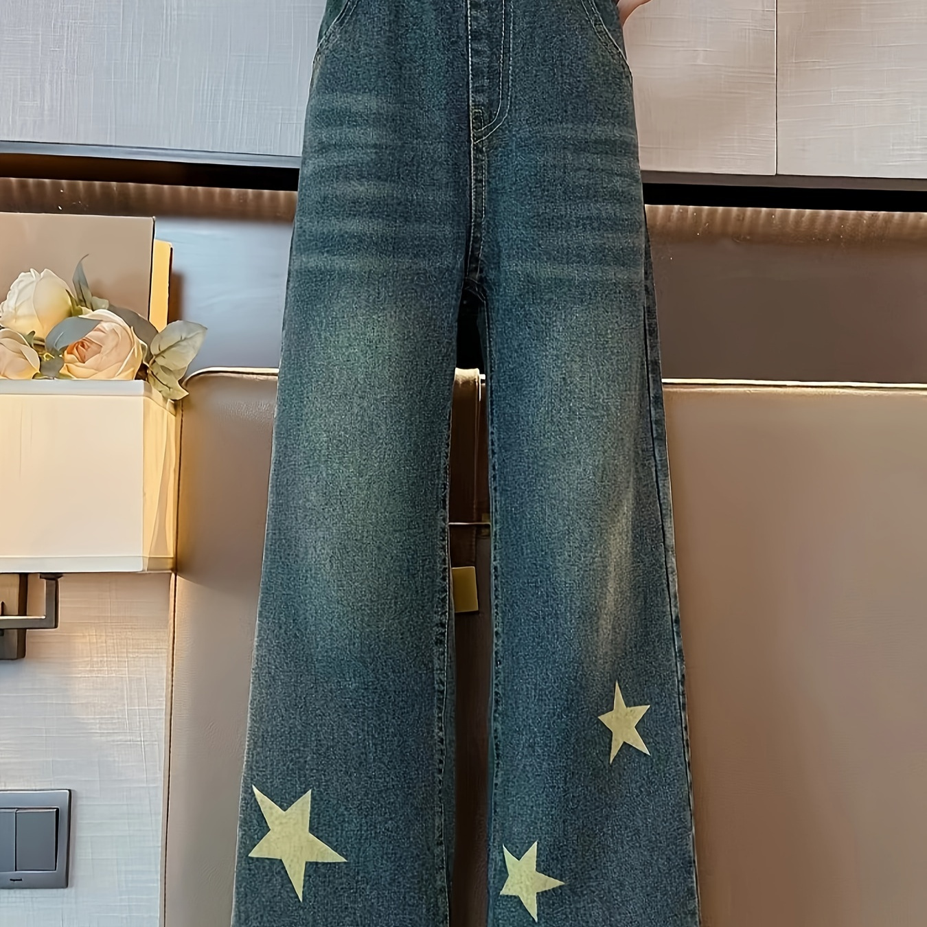 

Stars Print Wide Leg Jeans For Girls, Street Style Retro High Waist Straight Jeans For School Girls