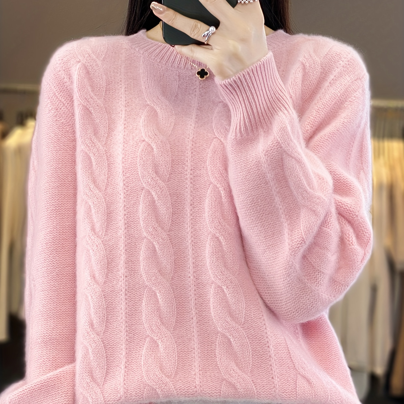 

Women's Cozy Cable Knit Sweater - Casual Long Sleeve, Round Neck, Pullover In Pink, Fall/winter