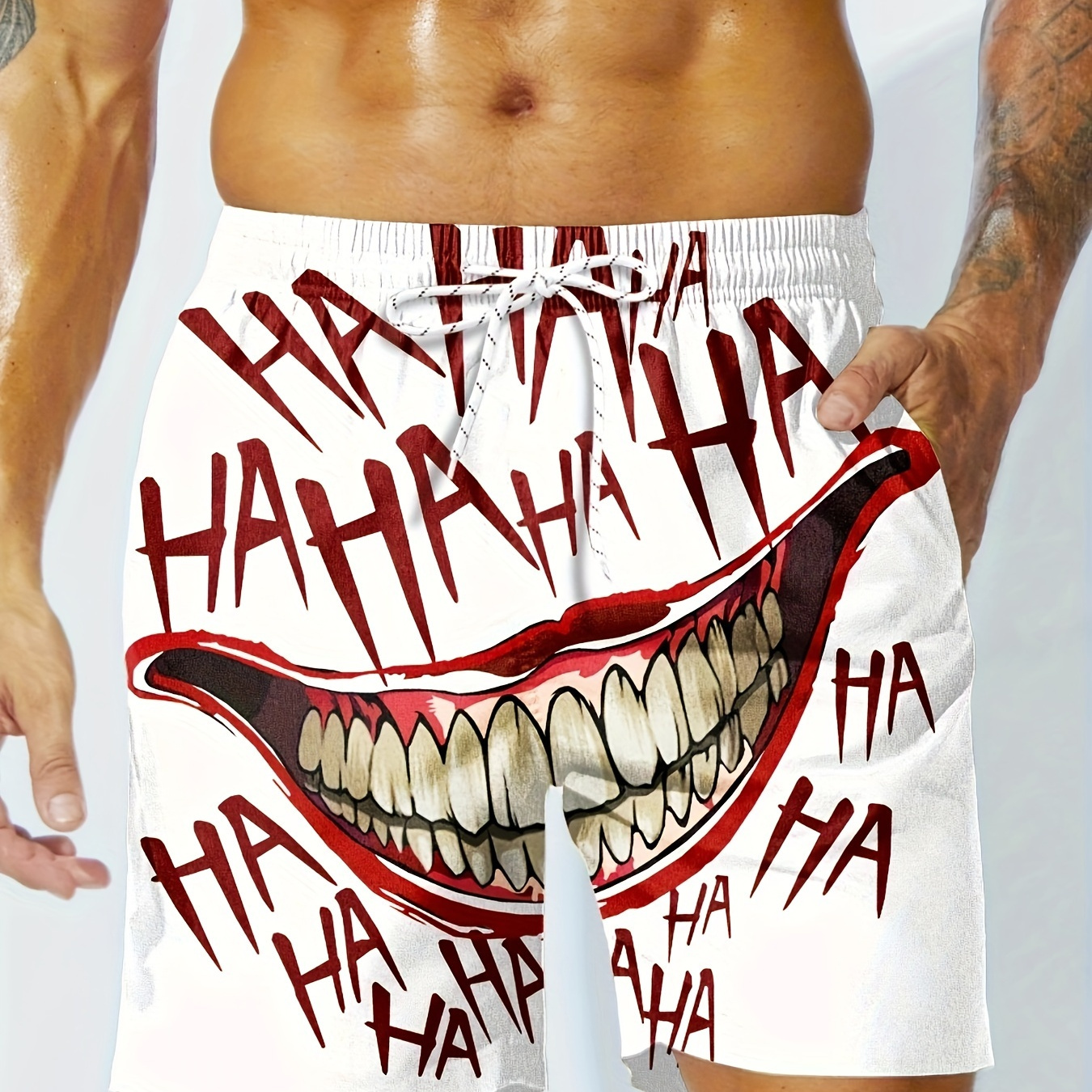 

Men's Evil Smiling Mouth Pattern And Letter Print "ha Ha" Board Shorts, Novel And Stylish Shorts With Drawstring And Pockets, Suitable For Summer Beach And Street Wear