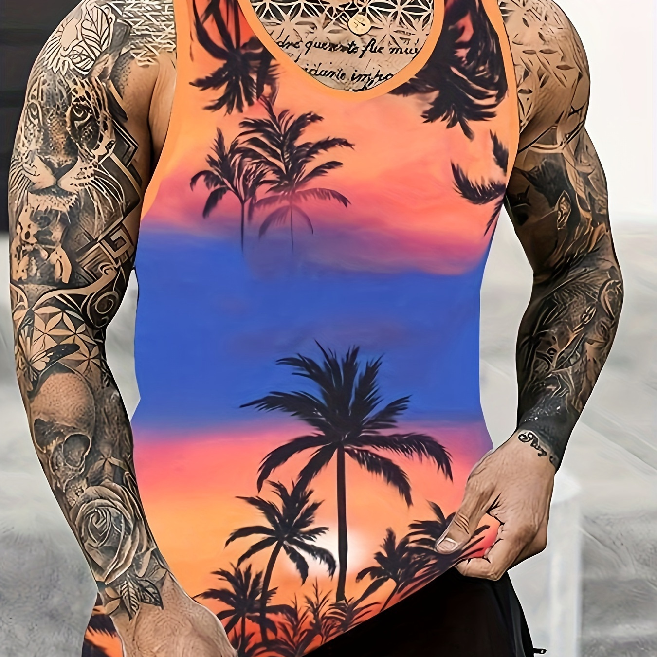 

Men's Trendy Crew Neck Graphic Tank Top With Fancy Palm Tree Prints, Street Style For Summer Wear