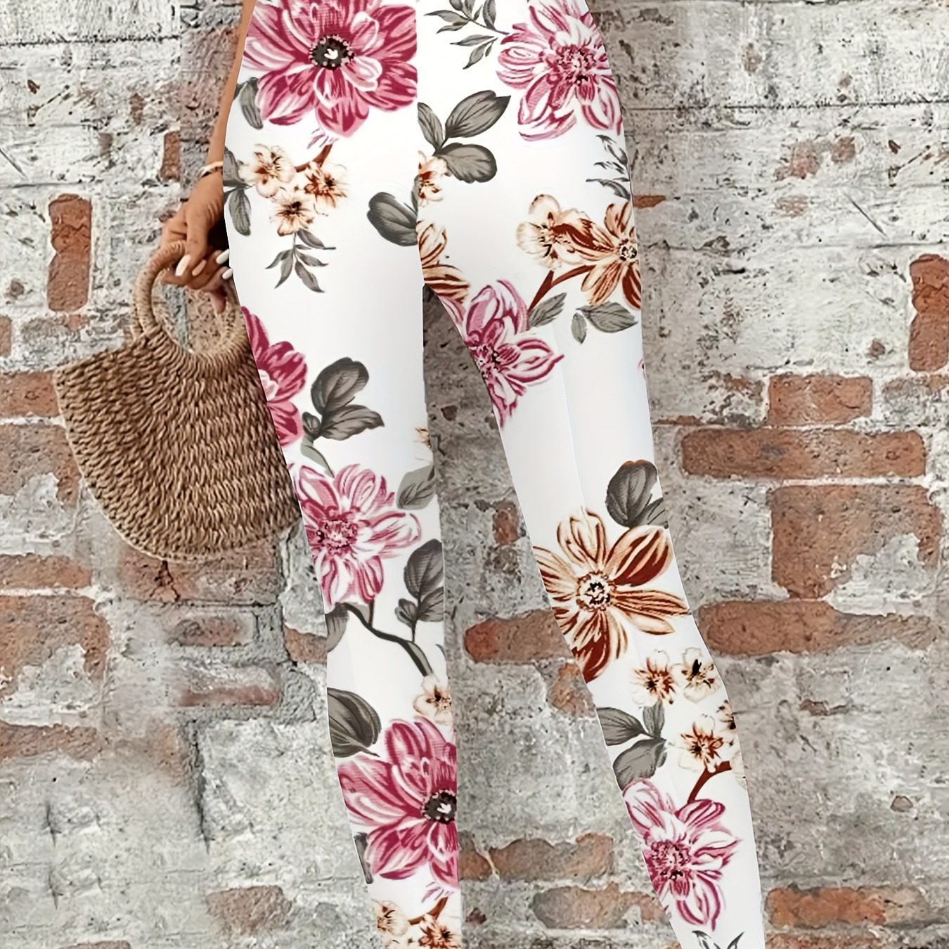 

Floral Print High Waist Skinny Leggings, Elegant Tummy Control Stretchy Leggings, Women's Clothing