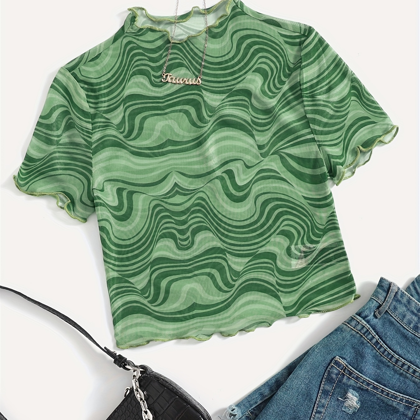 

Lettuce Trim Mesh Crop T-shirt, T2k Abstract Print Crop Top For Spring & Summer, Women's Clothing