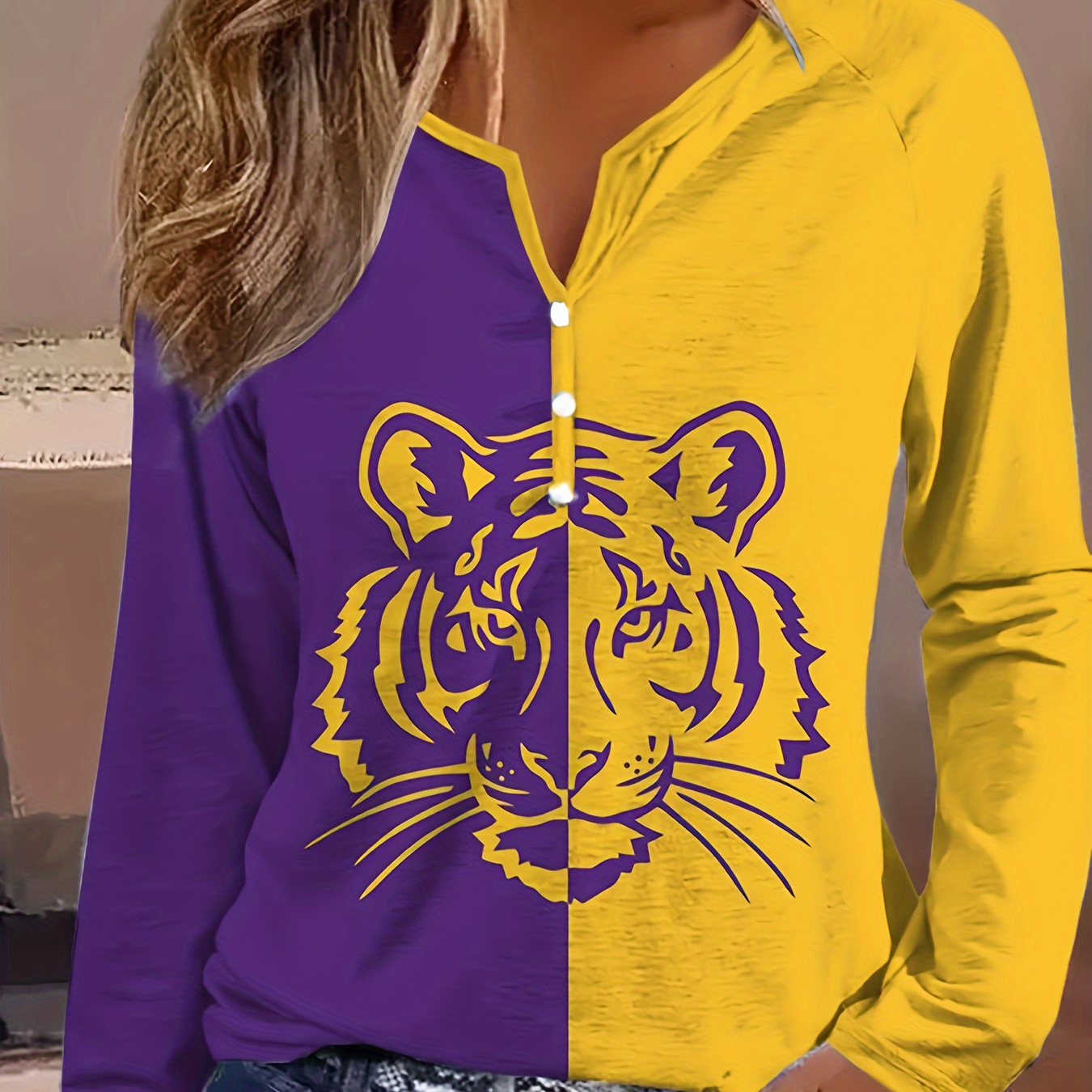 Tiger Print Color Block T-Shirt, Casual Long Sleeve Button Front T-Shirt, Women's Clothing