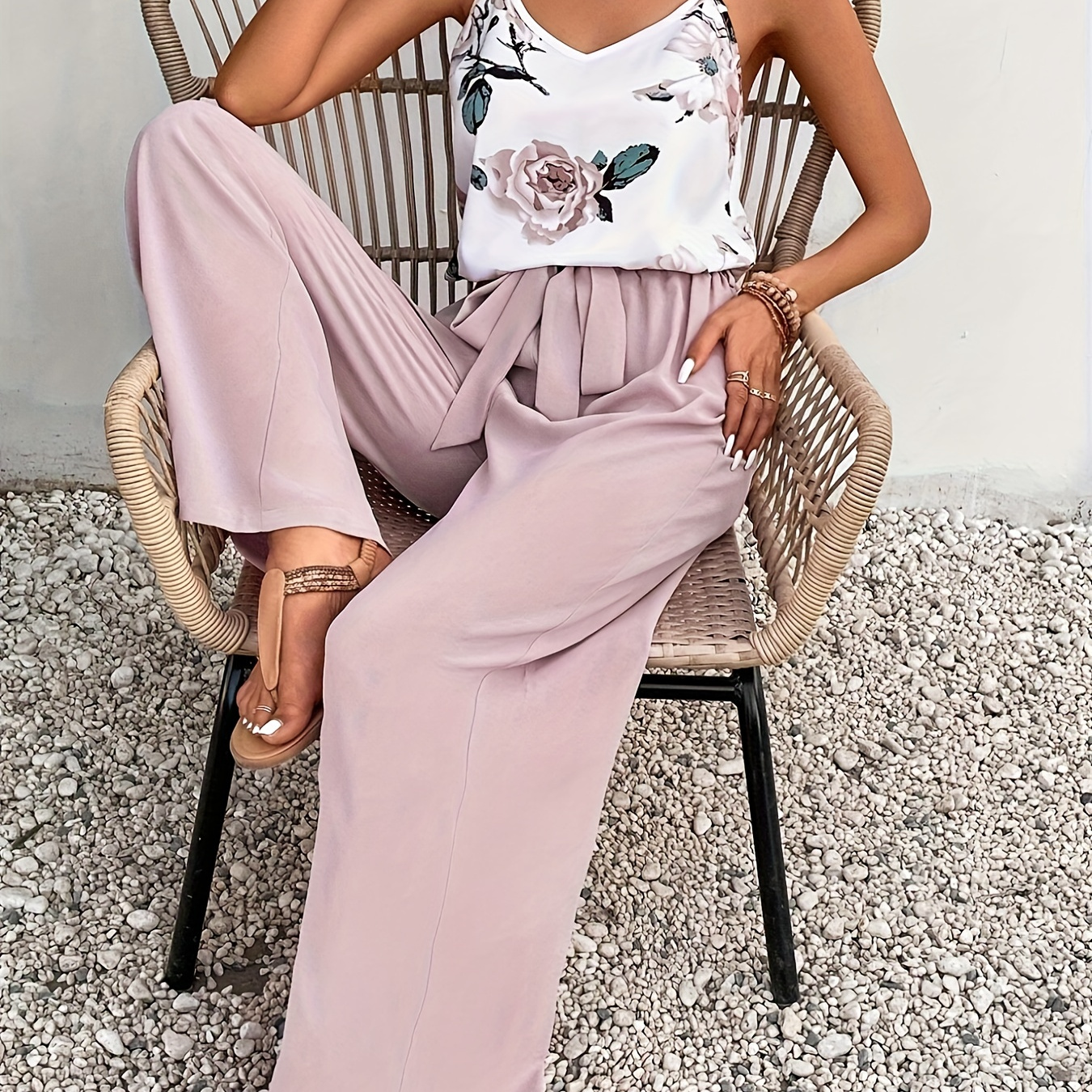 

Floral Print Elegant Pantsuits, Spaghetti Strap Cami Top & Solid Tie High Waist Wide Leg Pants Outfits, Women's Clothing