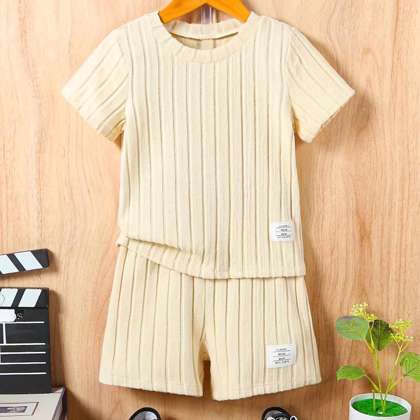 TEMU 2pcs Boys Striped Pattern Versatile Short Sleeve T-shirt & Shorts Set, Cool, Lightweight And Comfy Summer Clothes