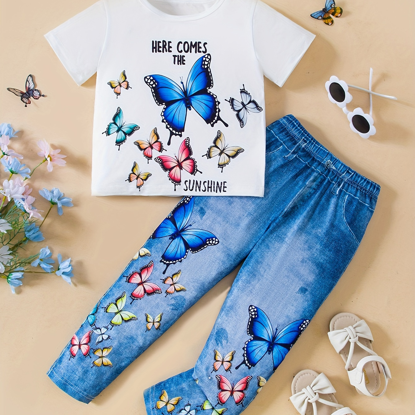 

Girls 2pcs Butterfly Graphic Outfits Short Sleeve Top + Imitation Denim Print Pants Set Summer Clothes