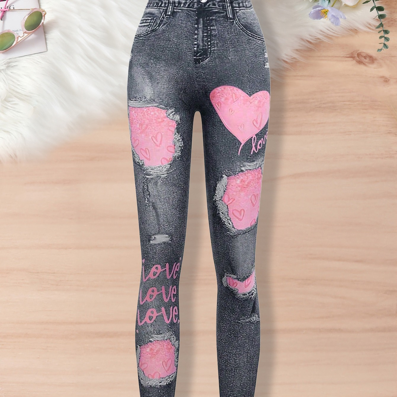 

Tween Girls Fit & Casual Imitation Denim & Hearts Print Pants For Spring & Summer