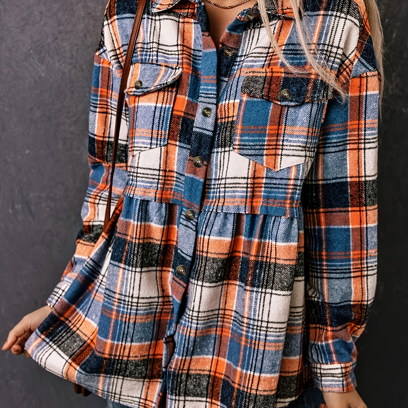 

Plaid Print Flap Pockets Shirt, Versatile Long Sleeve Smocked Shirt For Spring & Fall, Women's Clothing